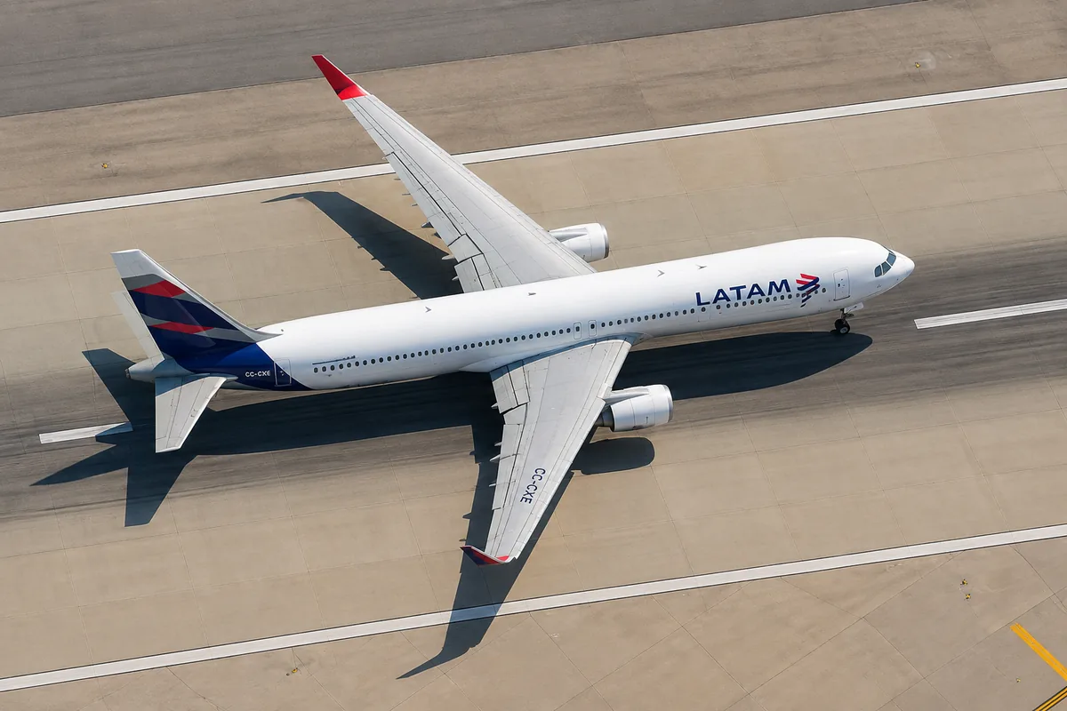 Aerial view of a twin-aisle commercial aircraft taxiing on the runway