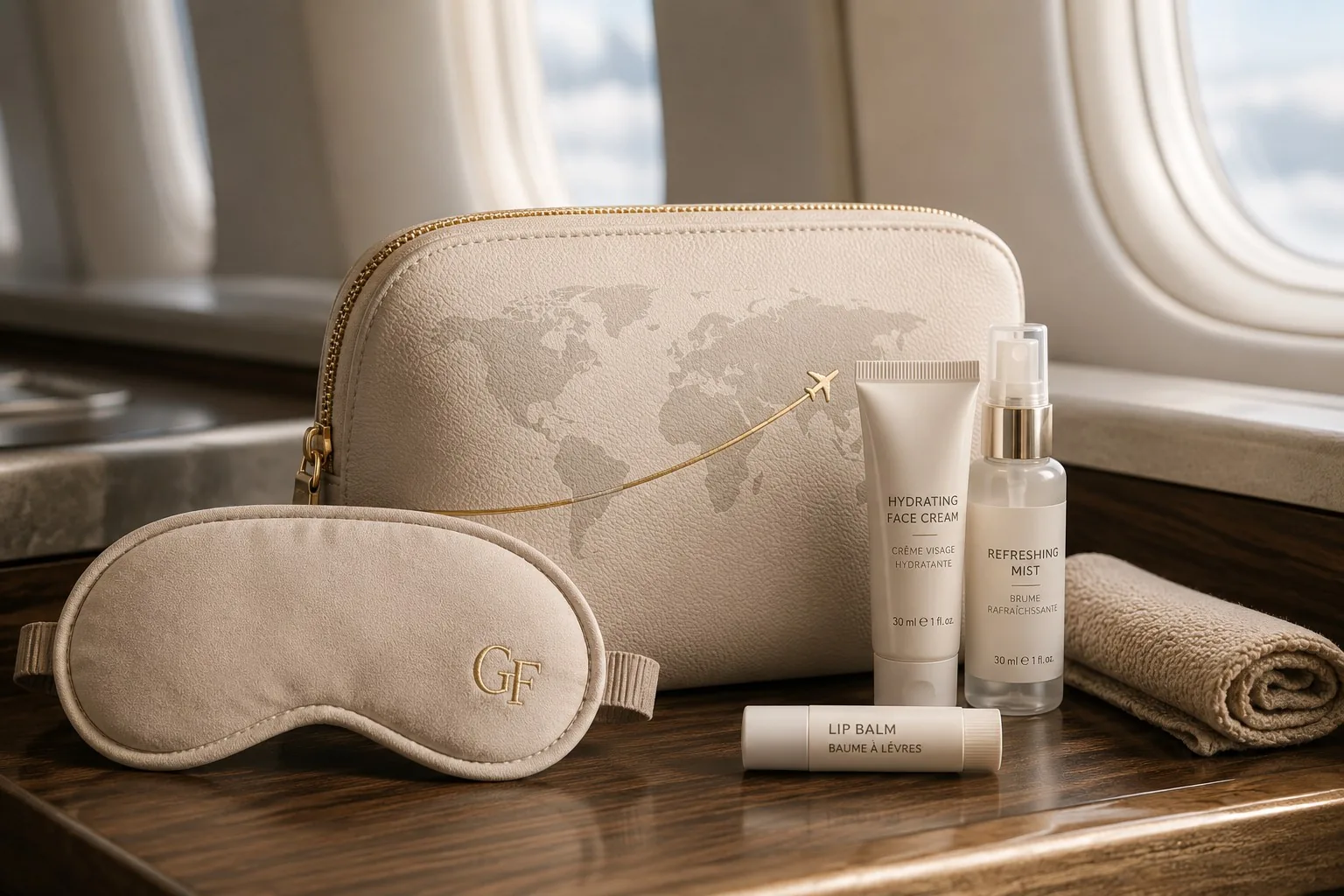 Kit de bienvenida personalizado con neceser y amenities sobre el asiento de un avión chárter