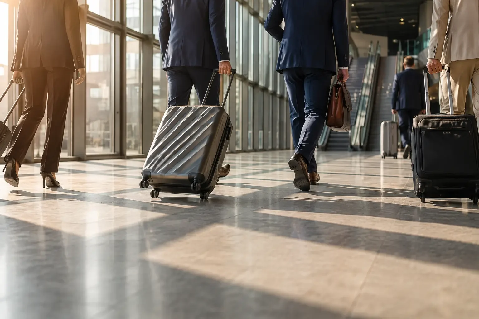 Ejecutivos con maletas caminando por una terminal de aeropuerto antes de un vuelo chárter corporativo