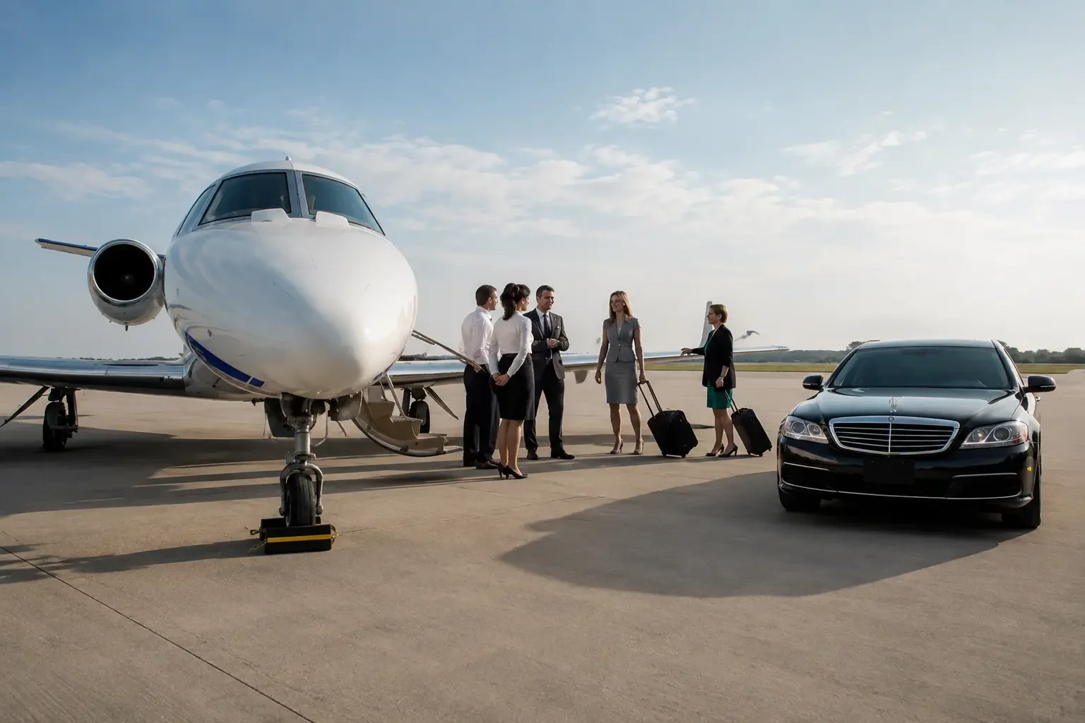 Official delegation descending the airstairs of an aircraft onto a red carpet
