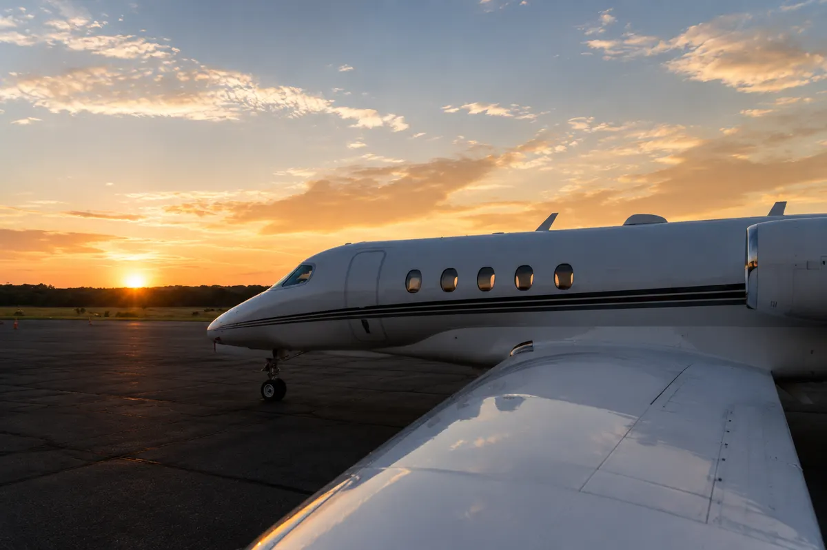 Perfil de un super midsize jet en plataforma durante la puesta de sol