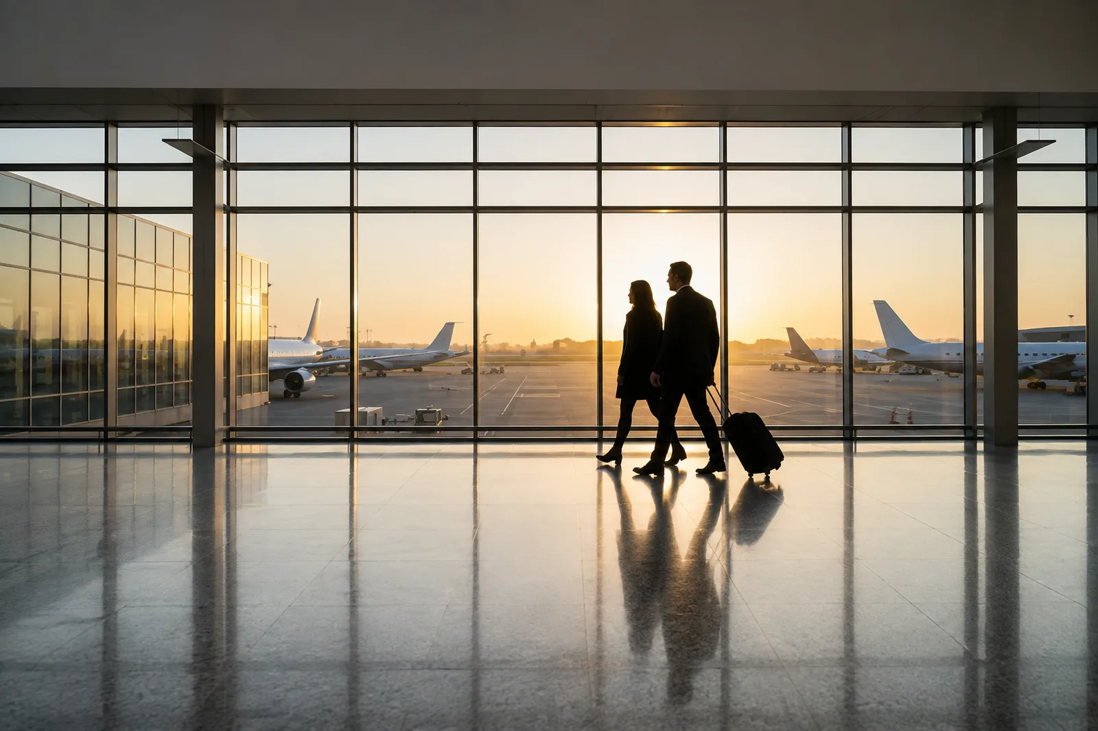 Pareja de viajeros cruzando una terminal acristalada con aviones en pista al atardecer