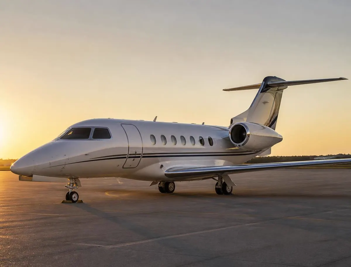 Midsize jet privado estacionado en plataforma con luz cálida de atardecer