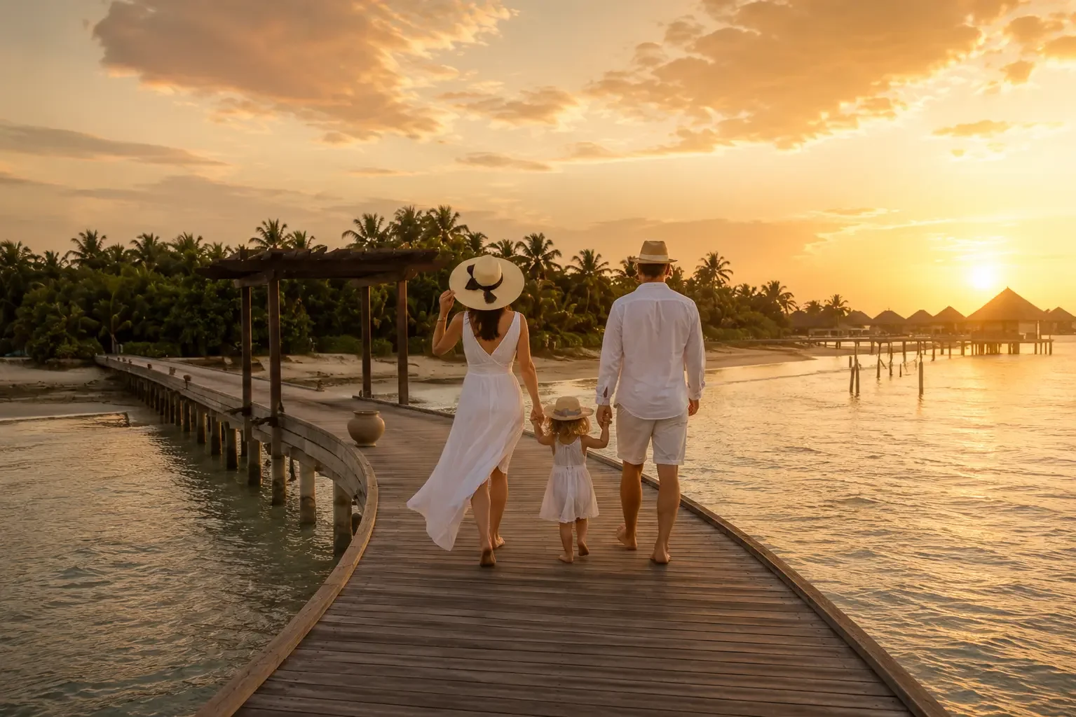 Familia caminando por un embarcadero de madera hacia un resort tropical al atardecer
