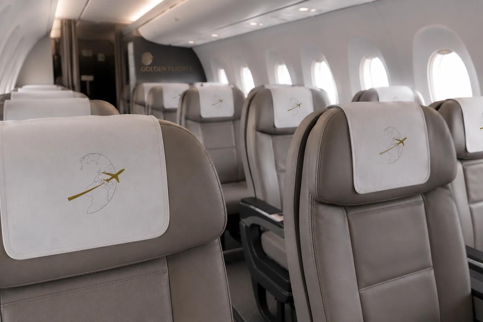 Cabina de avión con cabezales, mantelería y menús personalizados con la marca del cliente