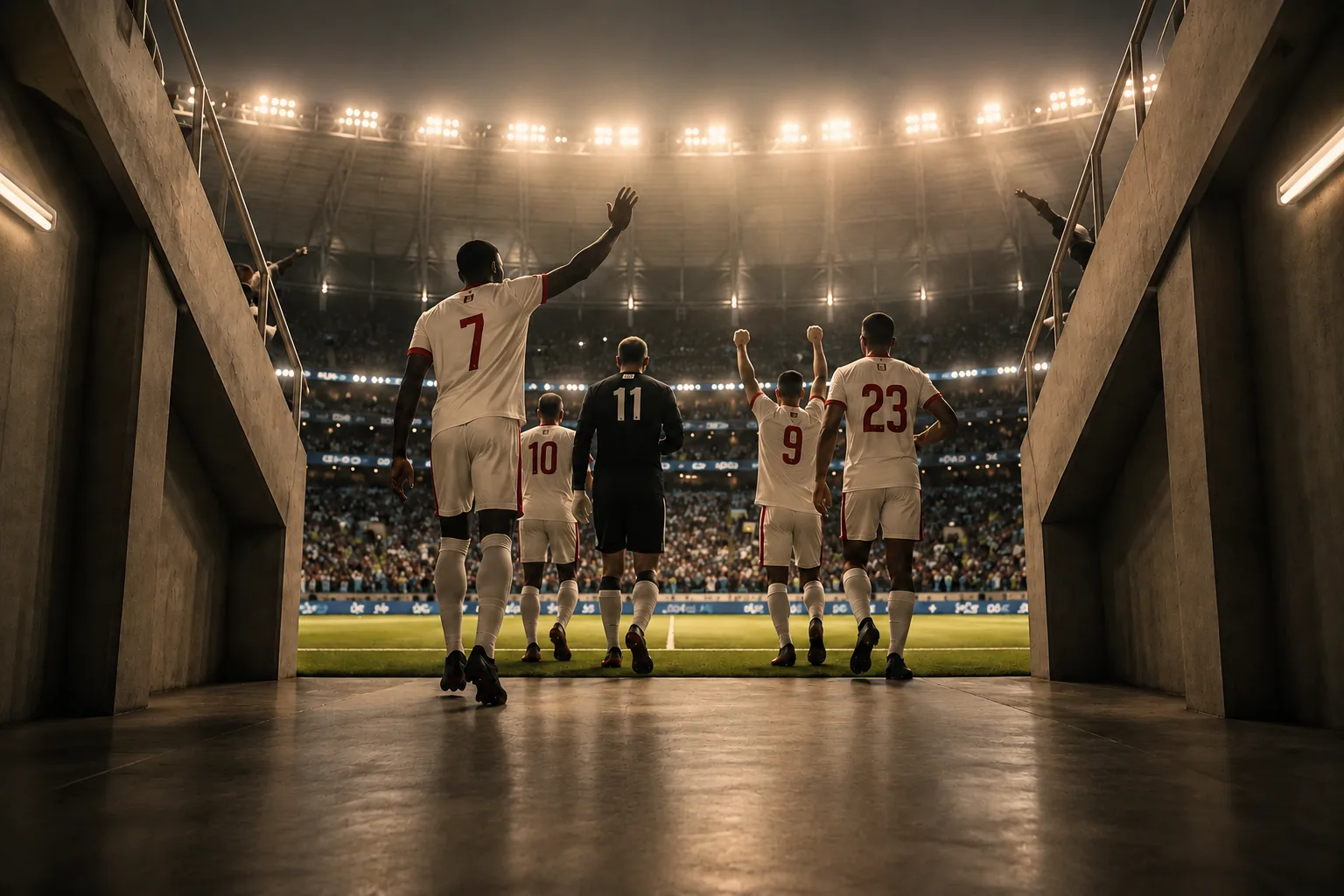 Jugadores de fútbol profesional saliendo del túnel de vestuarios hacia un estadio iluminado y lleno de aficionados