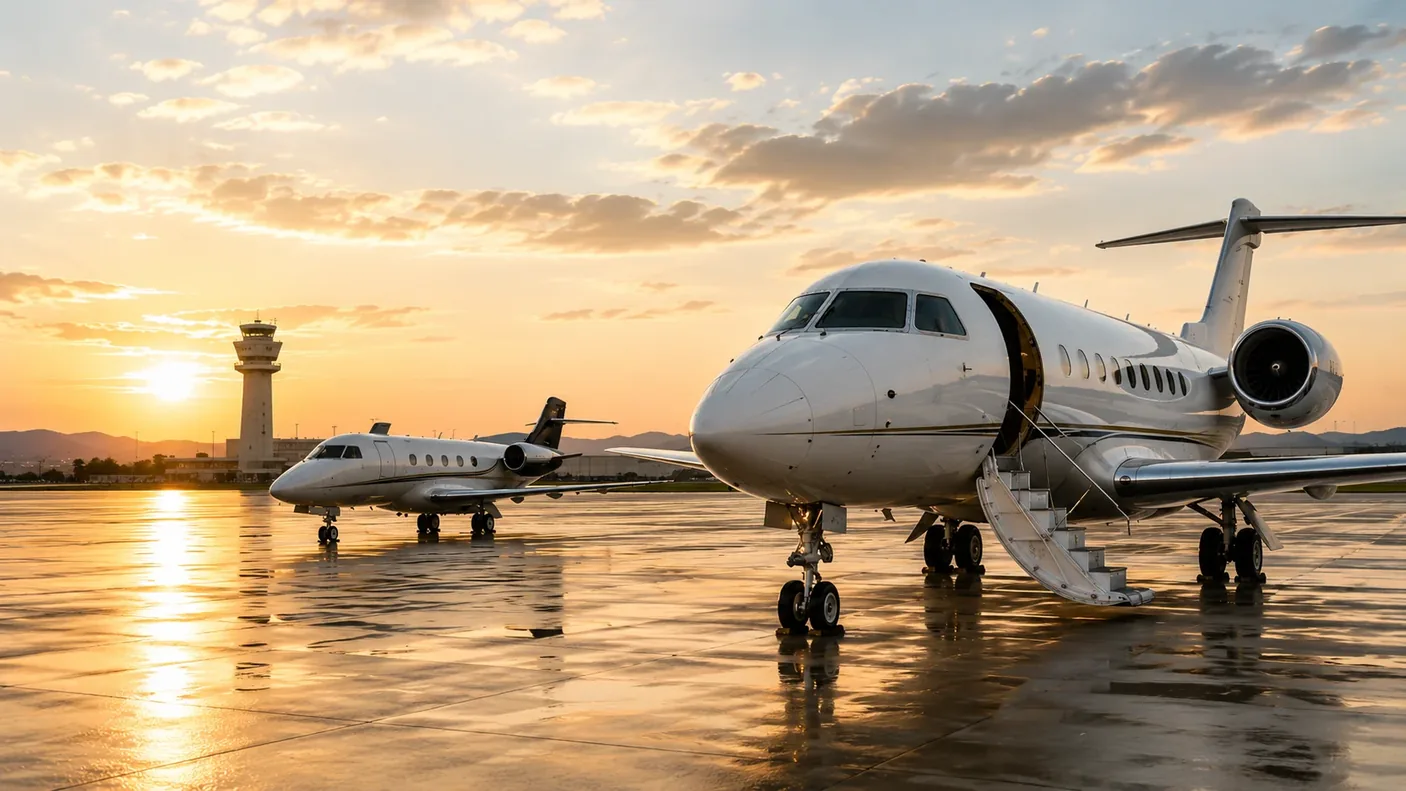 Dos jets privados estacionados en plataforma al atardecer con la torre de control al fondo